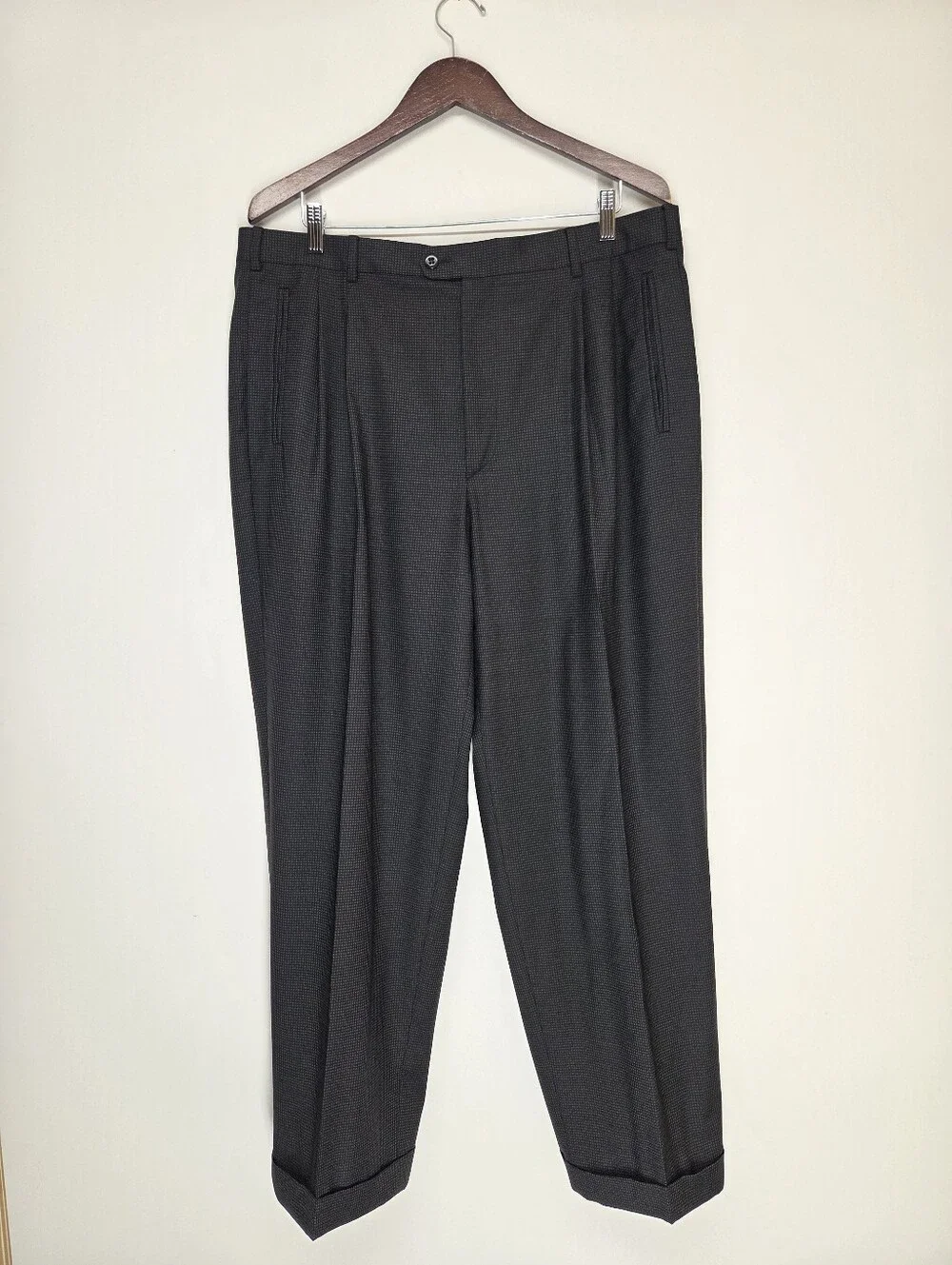 Zanella for Nordstrom Duncan Mens 38W Black Micro Check Wool Pleated Pants